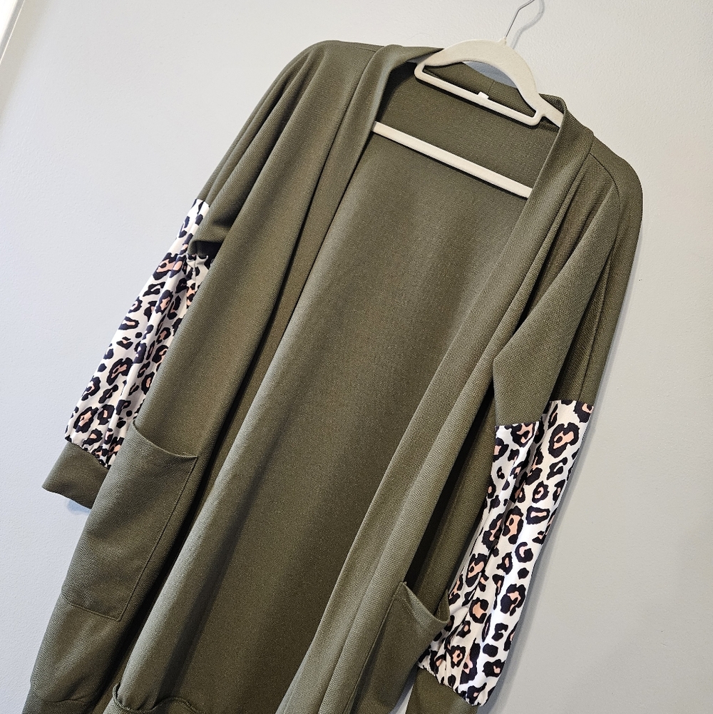 Clearance! Amazon Olive Green Cardigan with Leopard Print Sleeves